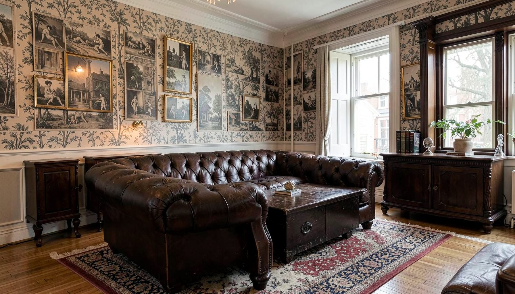 Гостиная в британском стиле с фотообоями, кожаным Chesterfield-диваном и тёмной деревянной мебелью